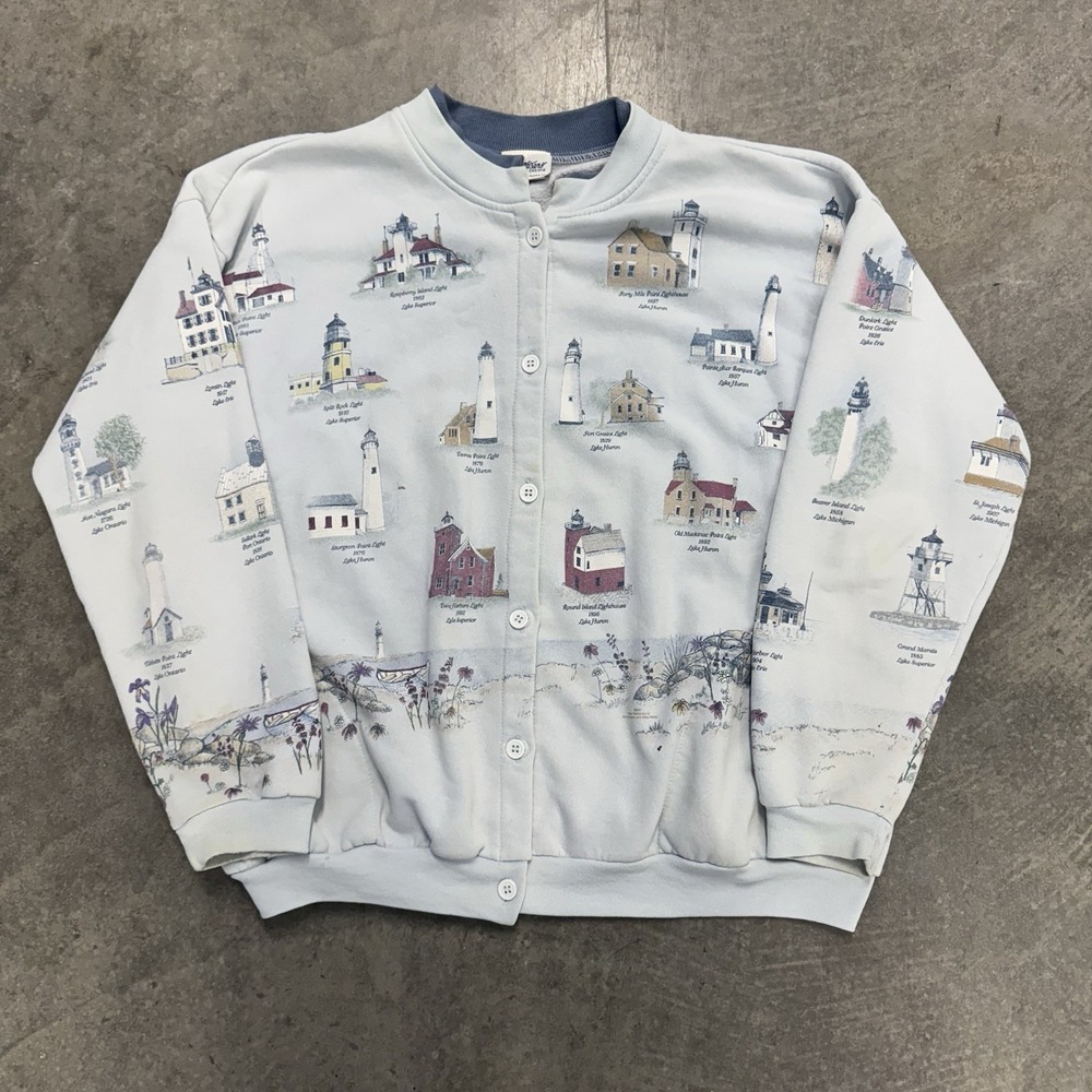 Vintage Women's Nautical Cardigan Lighthouse Baby Blue Sweater Cotton Poly L
